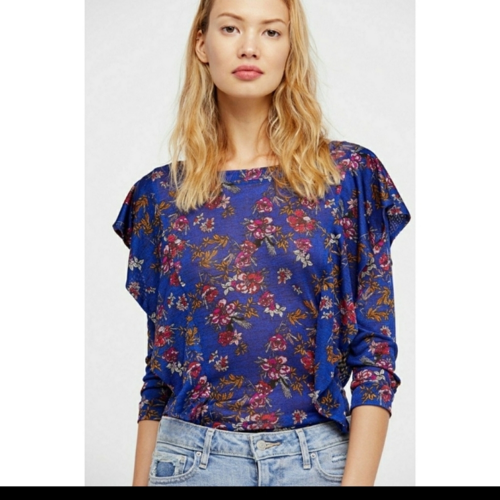 Free People blue floral ruffle boho Dock Street top Sz M